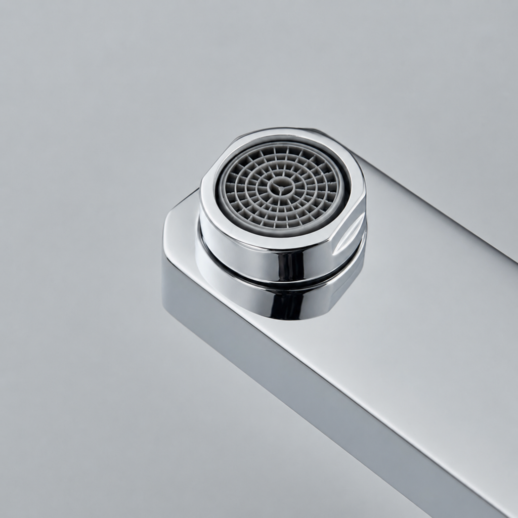 Polished chrome shower column with rain head and bath mixer - spray pattern in use
