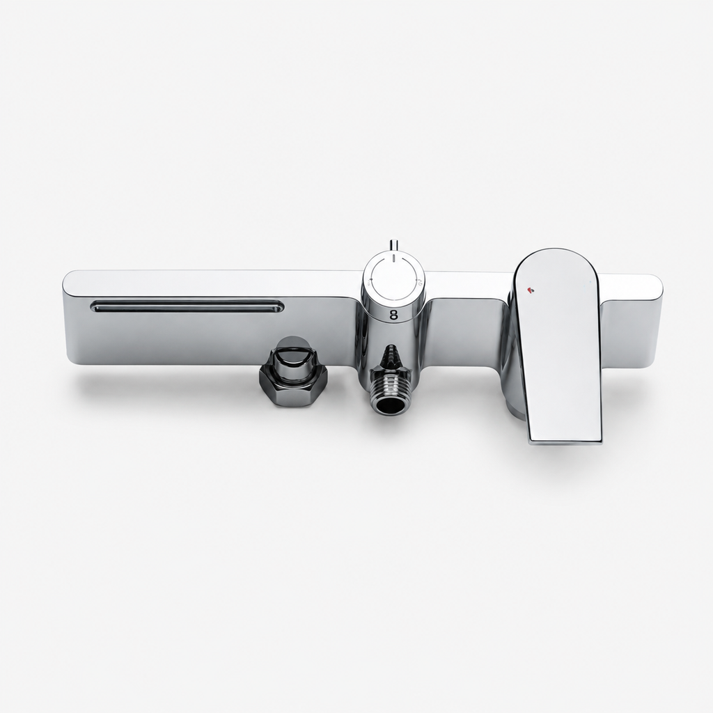 Polished chrome thermostatic shower column with shelf - dimensions and measurements