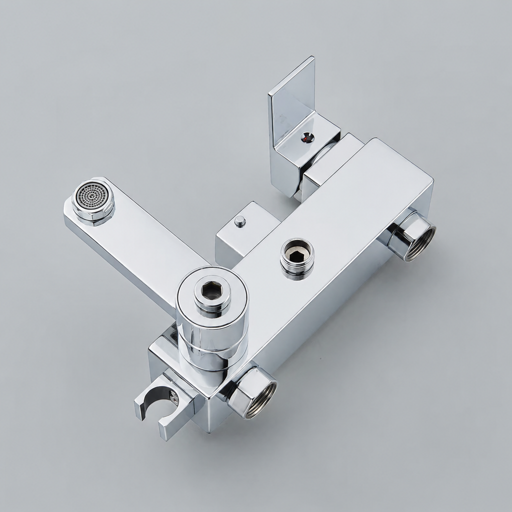 Polished chrome shower column with rain head and bath mixer - wall mounting detail
