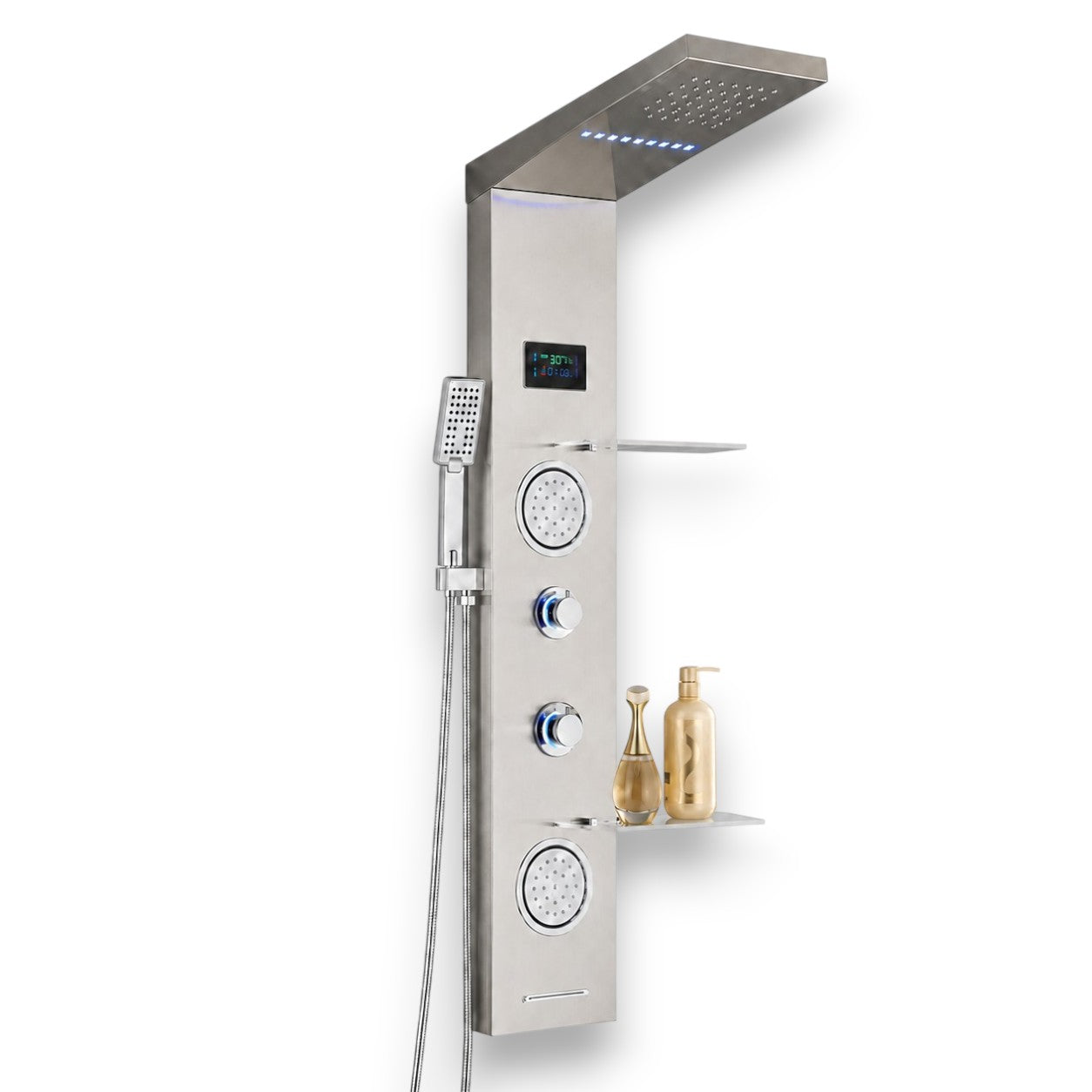 Brushed nickel massage shower panel with digital display