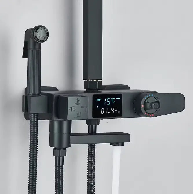 Matt black thermostatic shower column with digital display - hand shower and hose