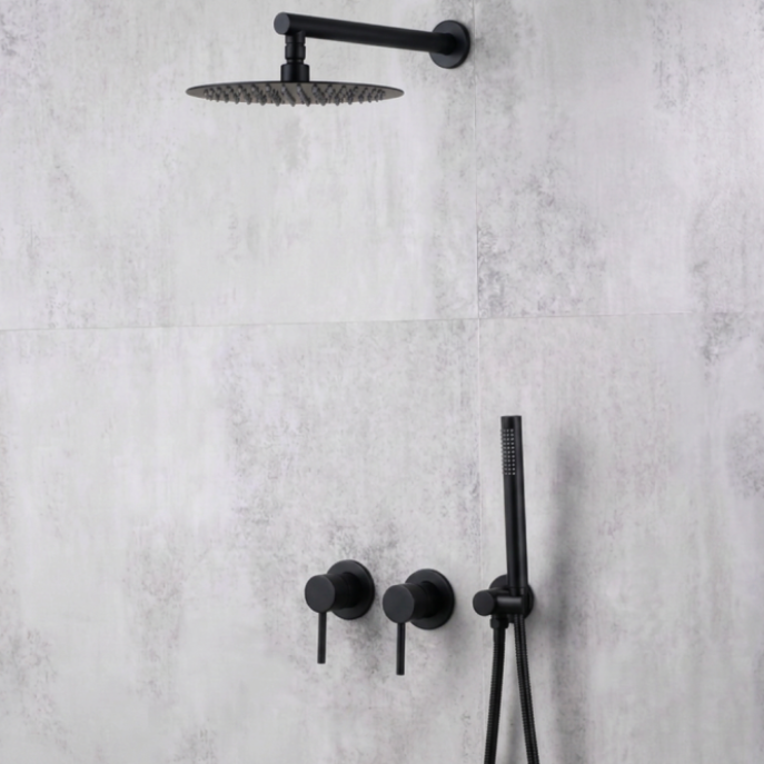Matt black concealed shower set with rainfall head - hand shower and hose