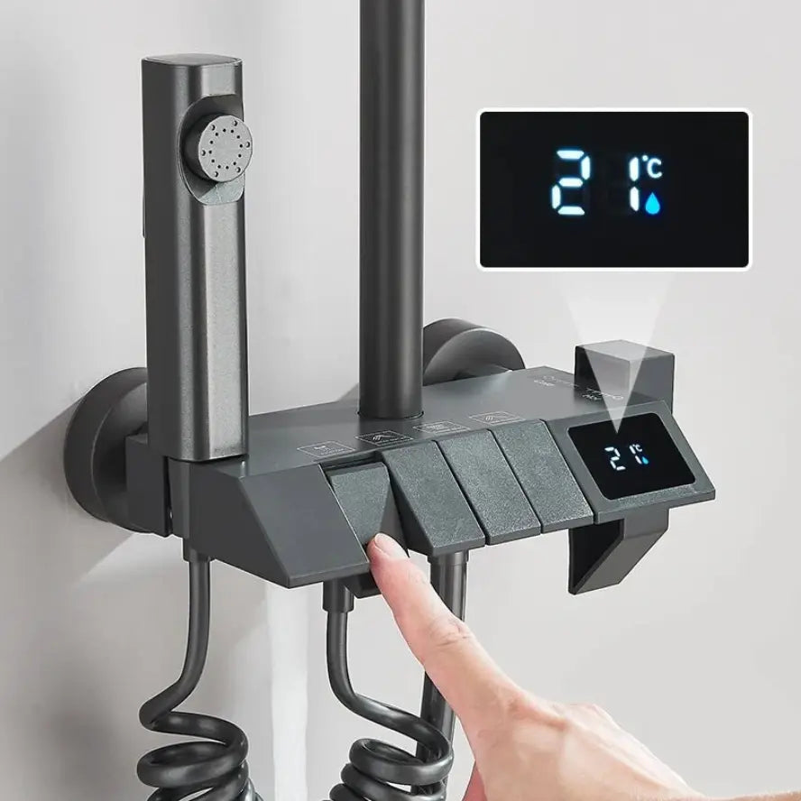 Matt black manual mixer shower column with digital display - hand shower and hose