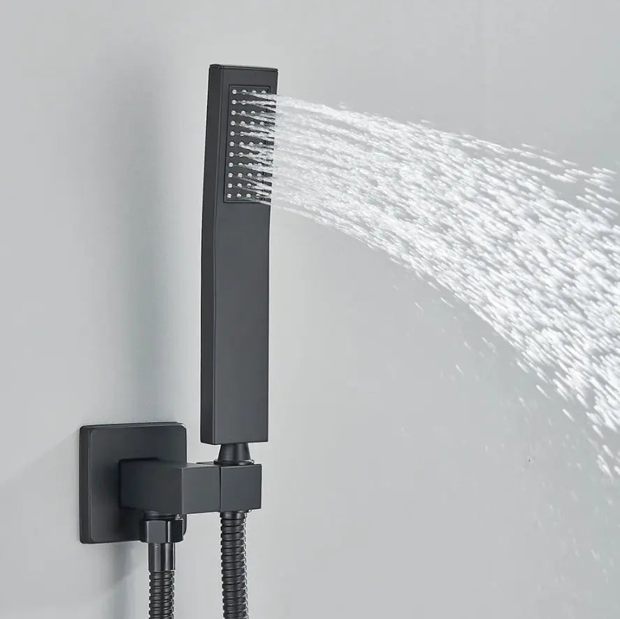Matt black concealed ceiling shower system with LED - hand shower and hose