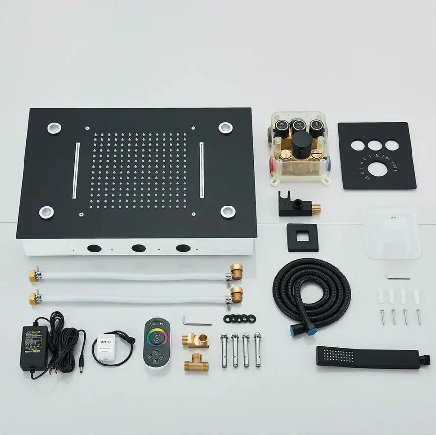 Matt black concealed ceiling shower system with LED - finish and surface detail