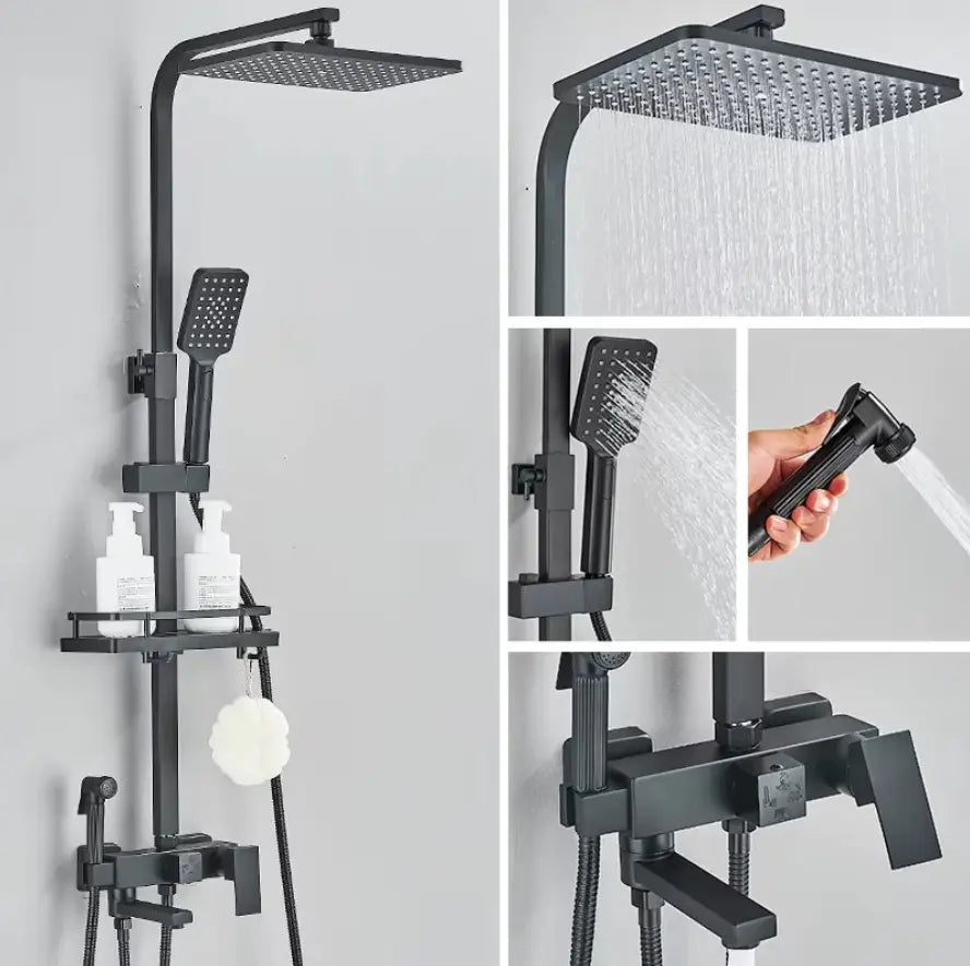 Matt black shower column with rain head and bath mixer - rainfall head detail