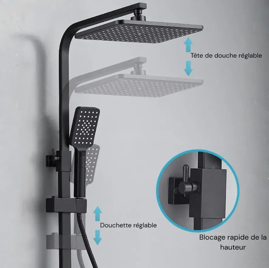 Matt black shower column with rain head and bath mixer - hand shower and hose