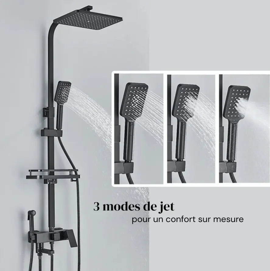 Matt black shower column with rain head and bath mixer - mixer and controls close-up
