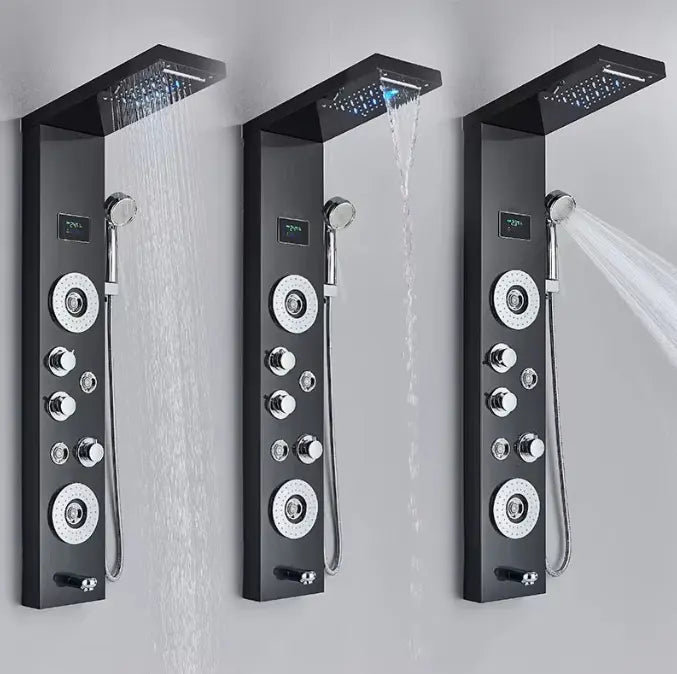 Matt black massage shower panel with digital display - mixer and controls close-up