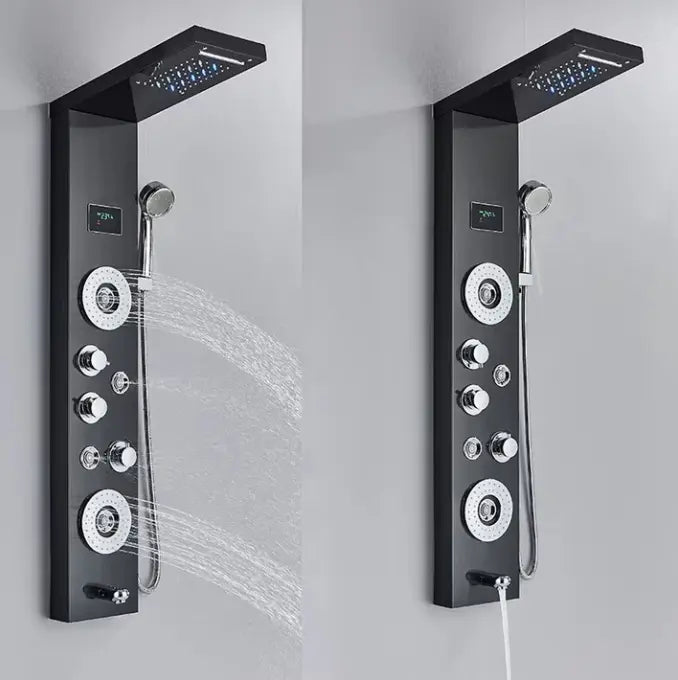 Matt black massage shower panel with digital display - rainfall head detail