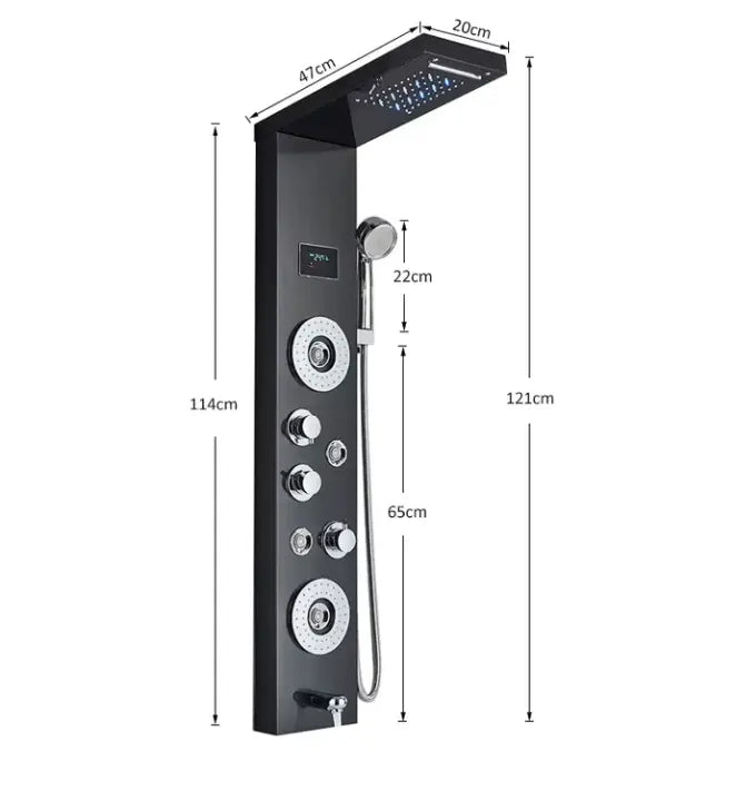 Matt black massage shower panel with digital display - fitted in a modern bathroom