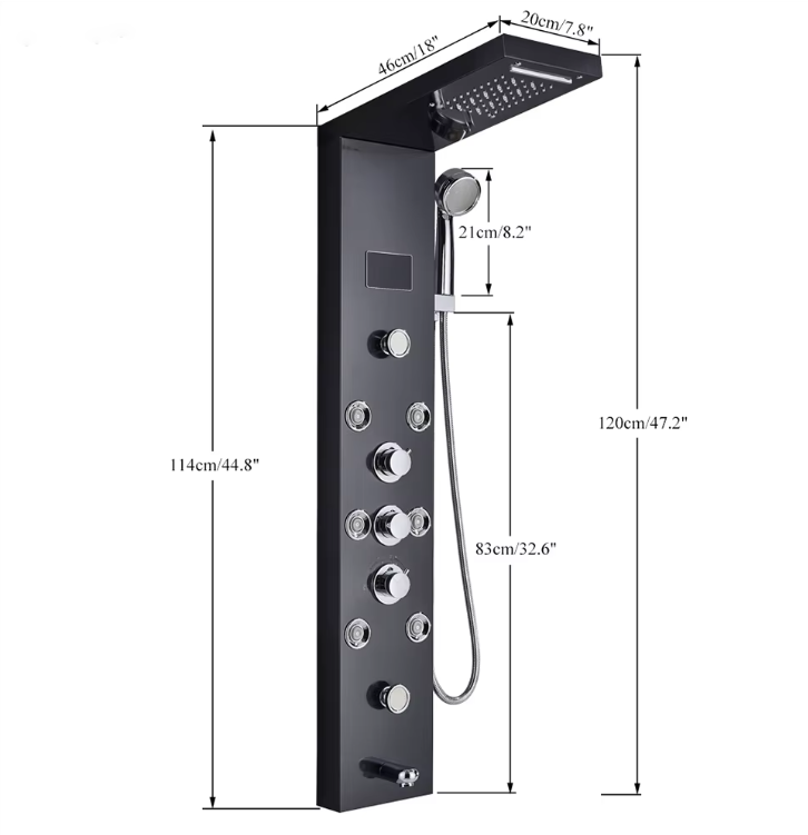 Matt black massage shower panel with LED lighting - finish and surface detail