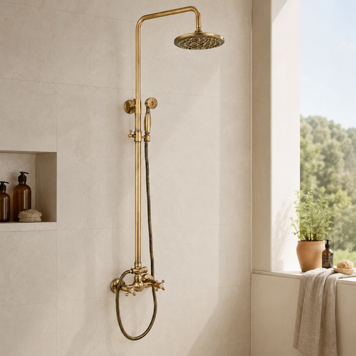Antique brass shower column with fixed head and shelf - rainfall head detail