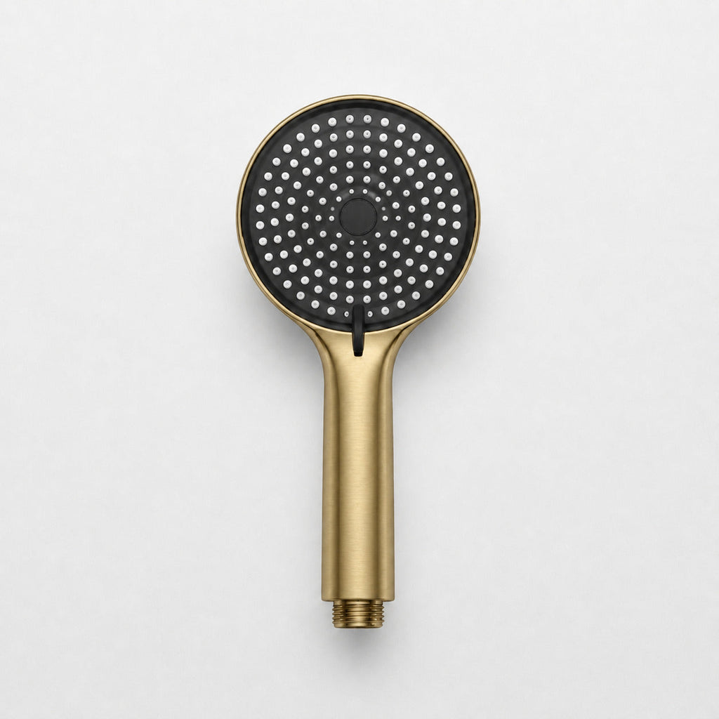 Brushed gold thermostatic shower column with shelf - side profile view