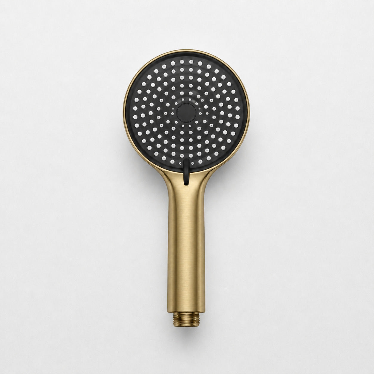 Brushed gold thermostatic shower column with shelf - side profile view