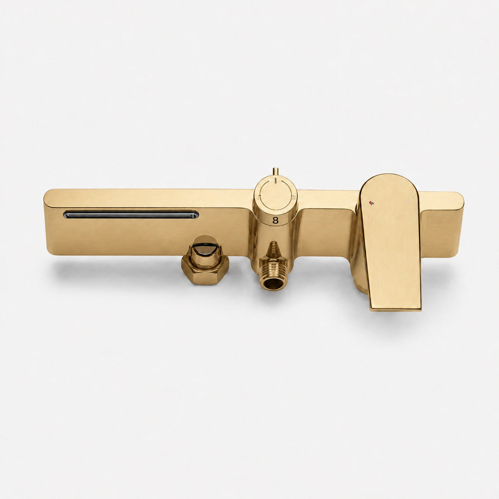 Brushed gold thermostatic shower column with shelf - full-length product view