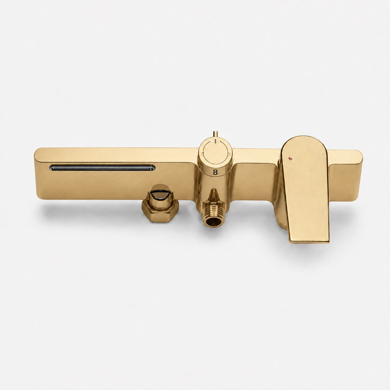 Brushed gold thermostatic shower column with shelf - full-length product view