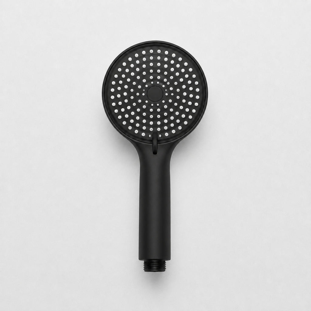 Matt black thermostatic shower column with shelf - finish and surface detail
