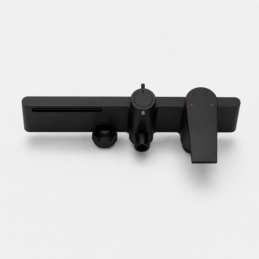 Matt black thermostatic shower column with shelf - dimensions and measurements