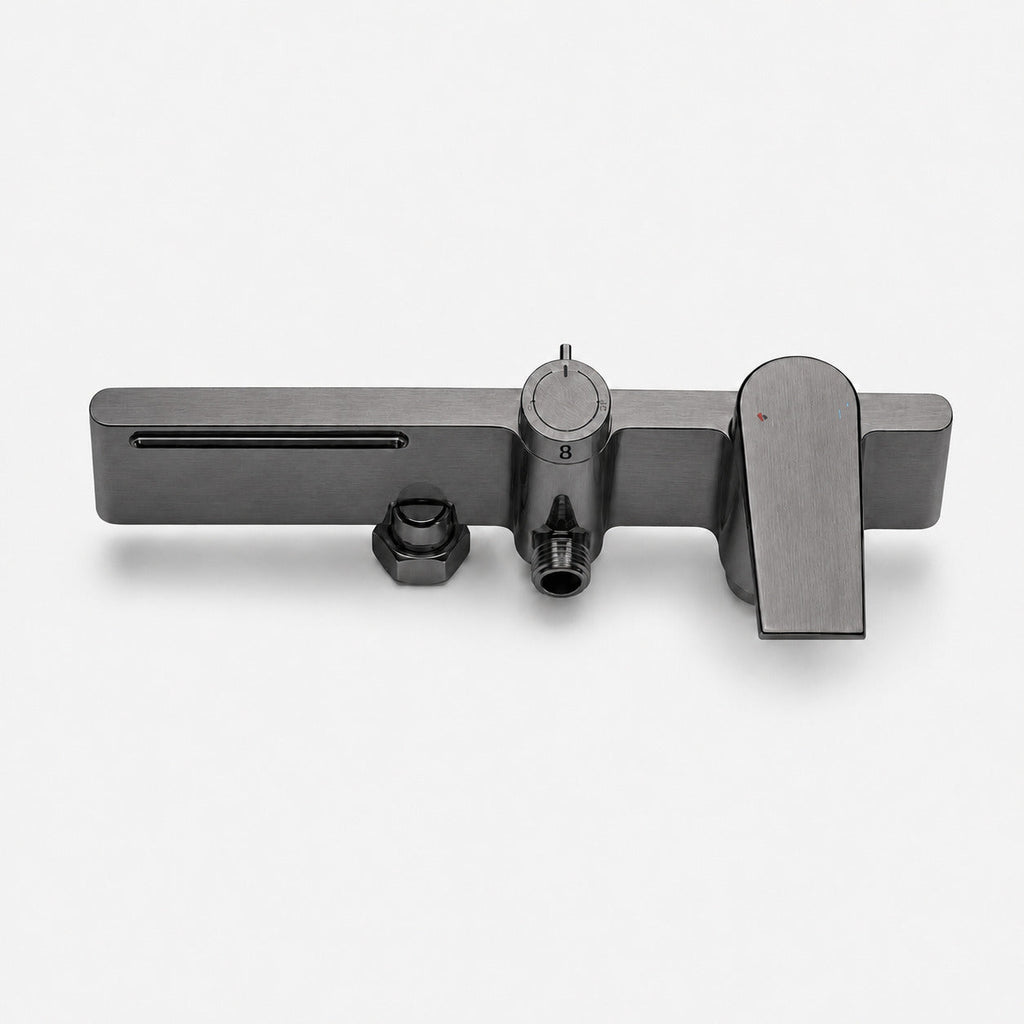 Brushed grey thermostatic shower column with shelf - side profile view