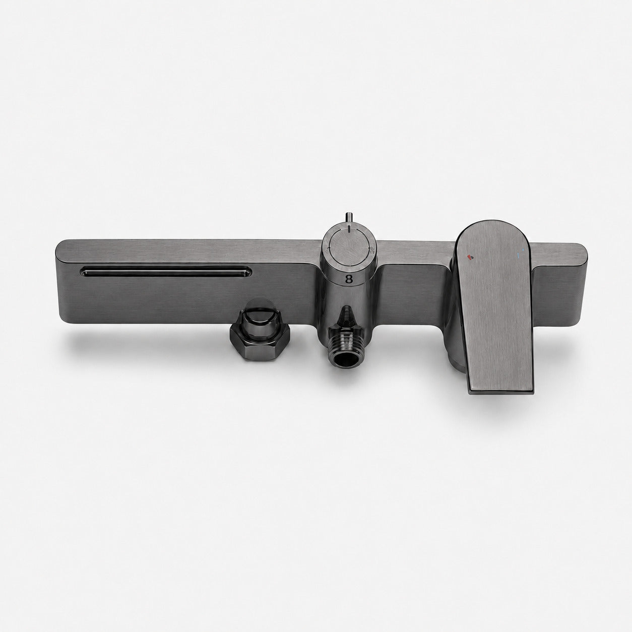 Brushed grey thermostatic shower column with shelf - side profile view