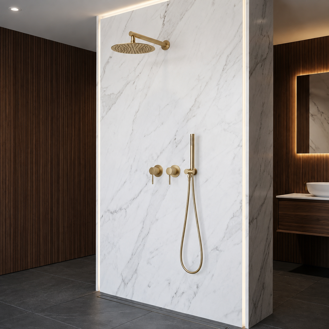 Brushed gold concealed shower set with rainfall head