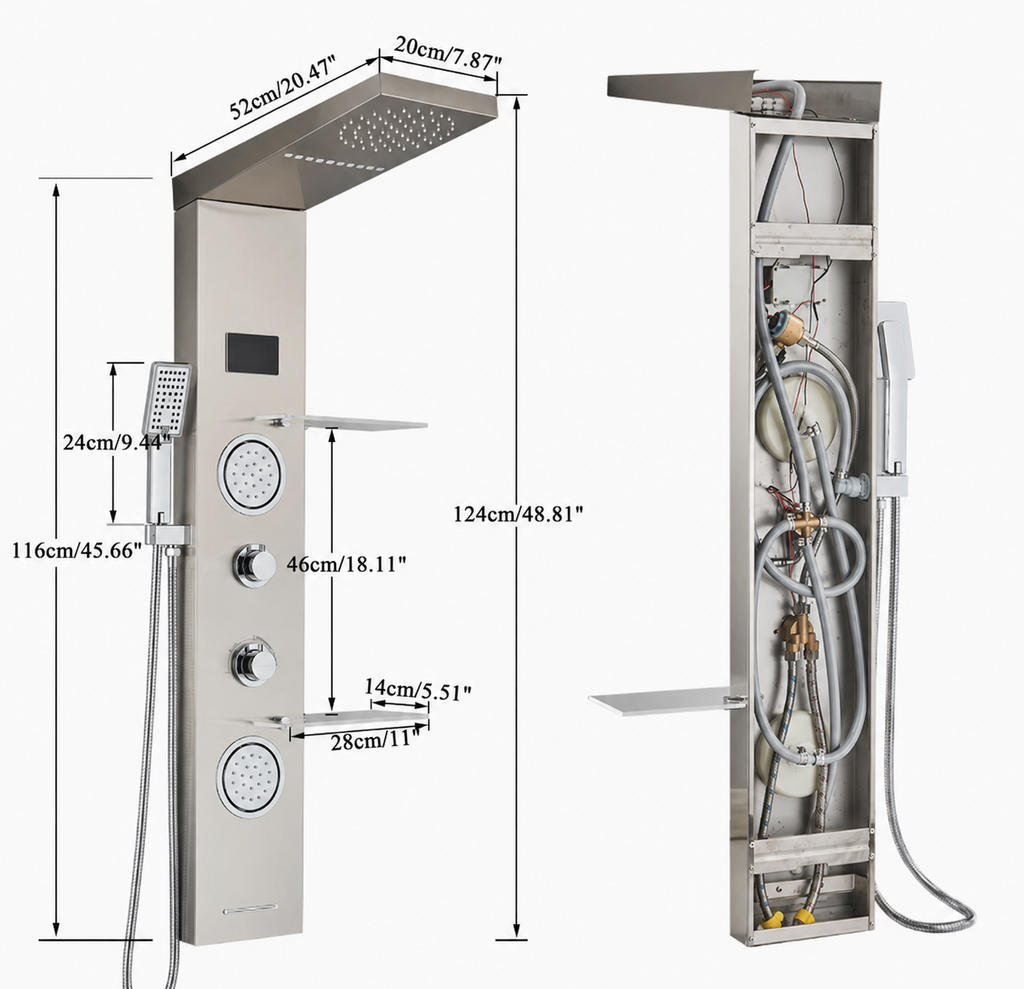 Brushed nickel massage shower panel with digital display - dimensions and measurements