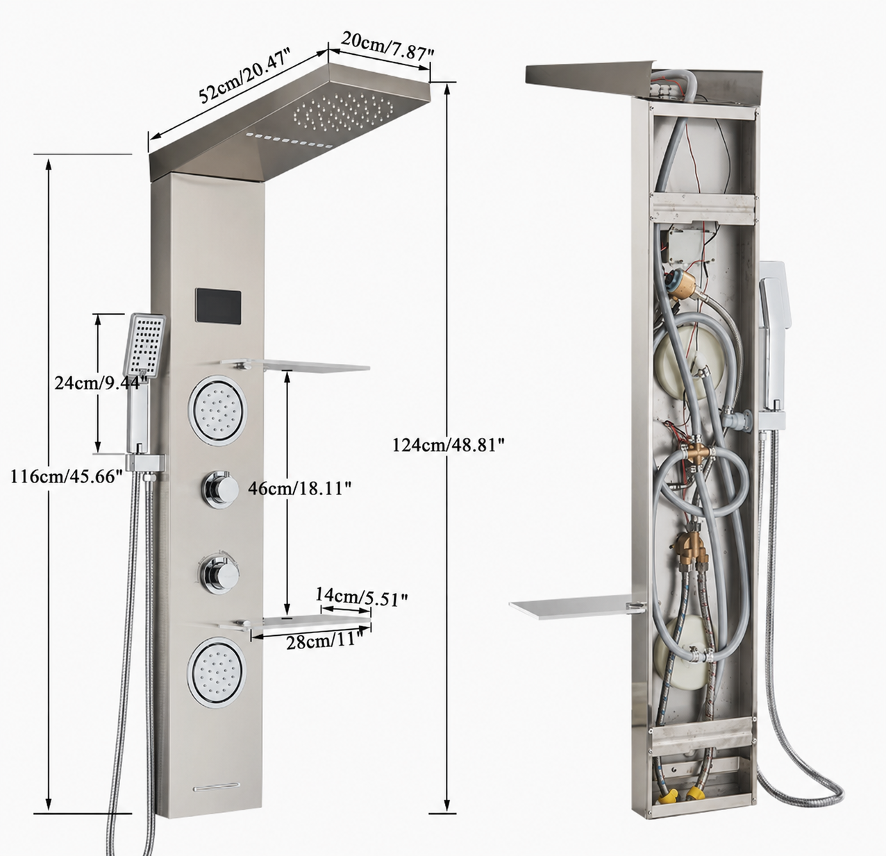 Brushed nickel massage shower panel with digital display - dimensions and measurements