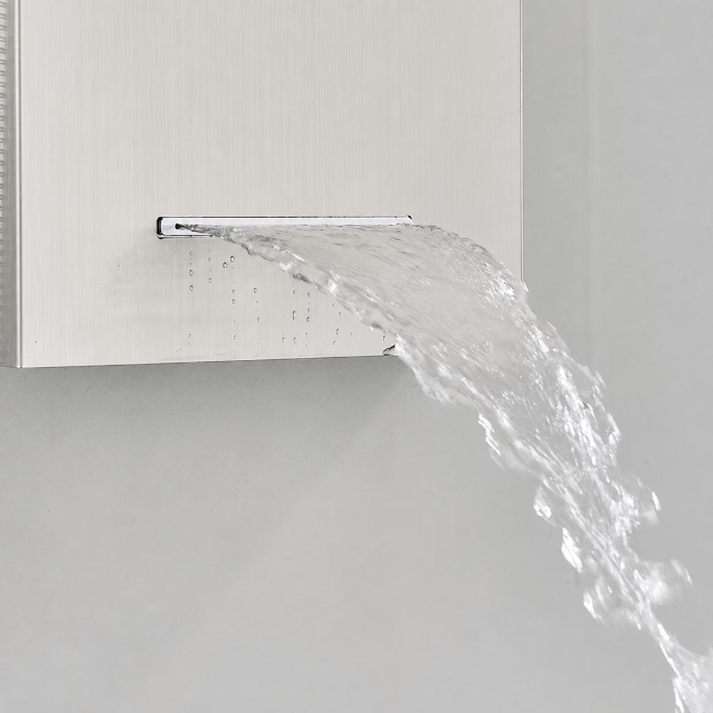 Brushed nickel massage shower panel with digital display - fitted in a modern bathroom