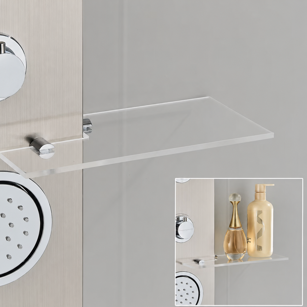 Brushed nickel massage shower panel with digital display - mixer and controls close-up