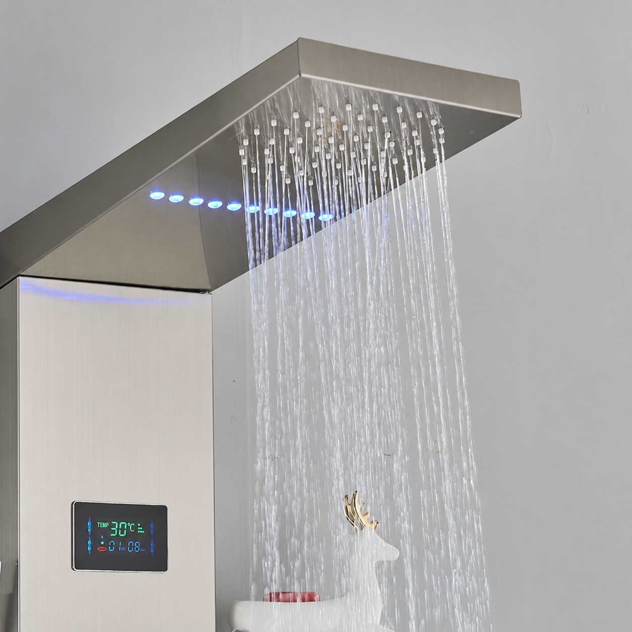 Brushed nickel massage shower panel with digital display - hand shower and hose