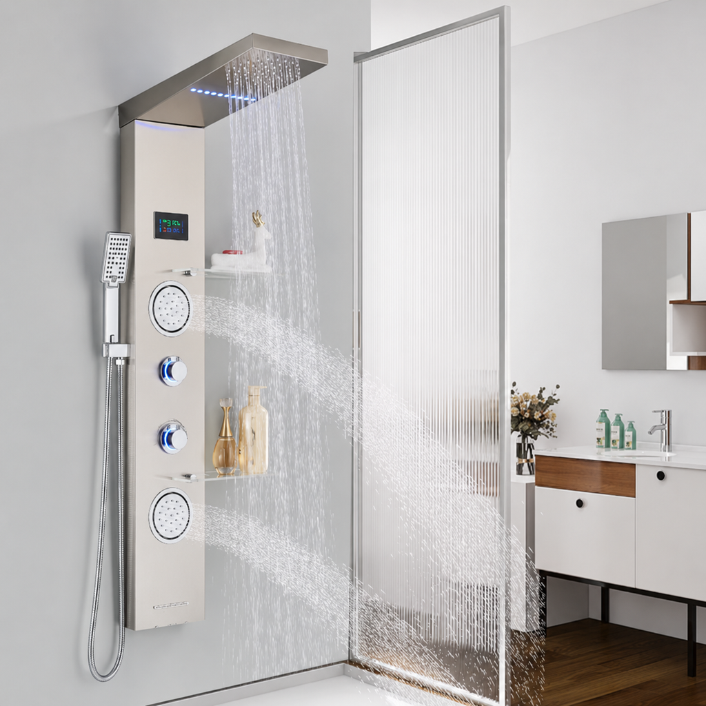 Brushed nickel massage shower panel with digital display - rainfall head detail