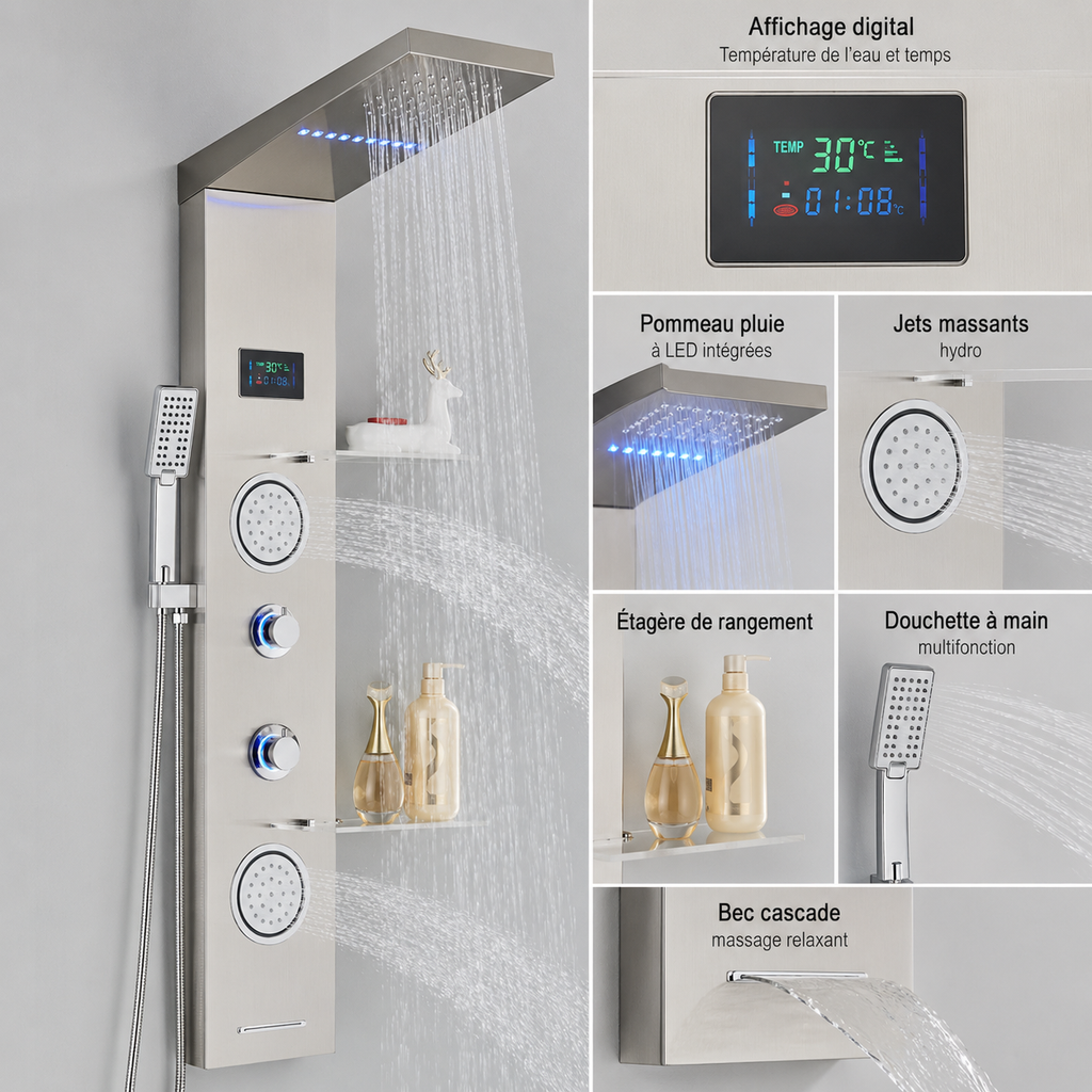 Brushed nickel massage shower panel with digital display - finish and surface detail