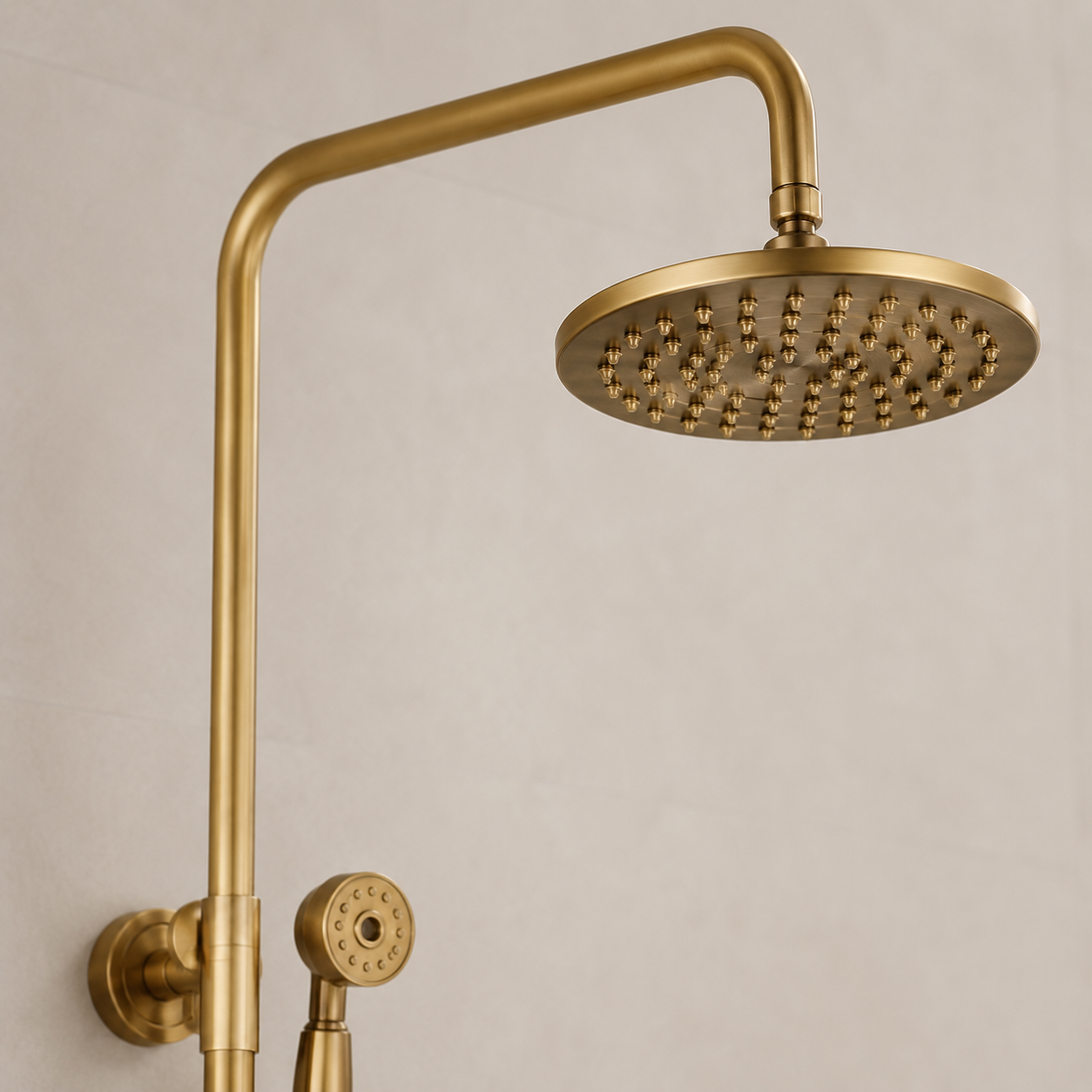 Antique brass shower column with fixed head and shelf - mixer and controls close-up