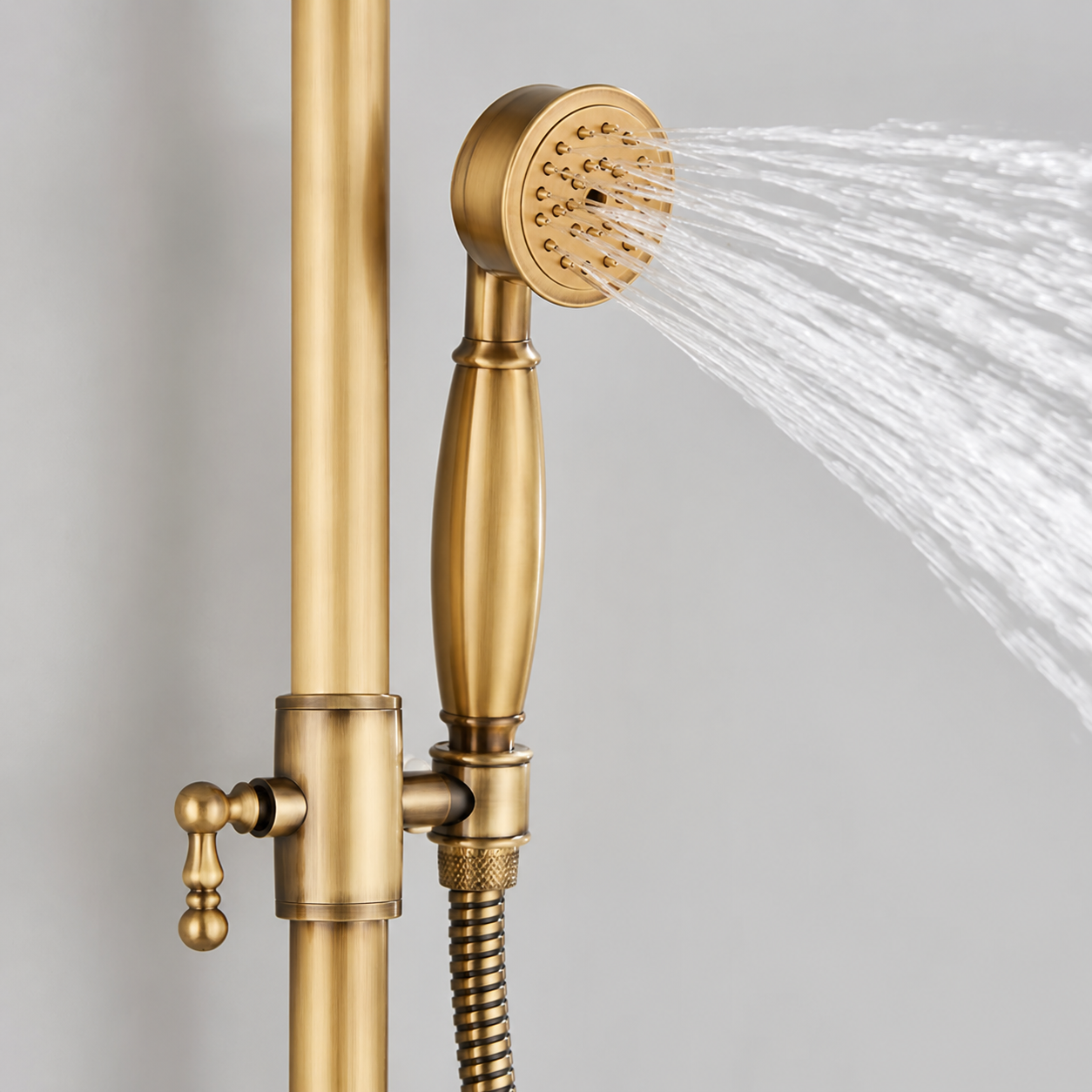 Antique brass shower column with fixed head and shelf - hand shower and hose