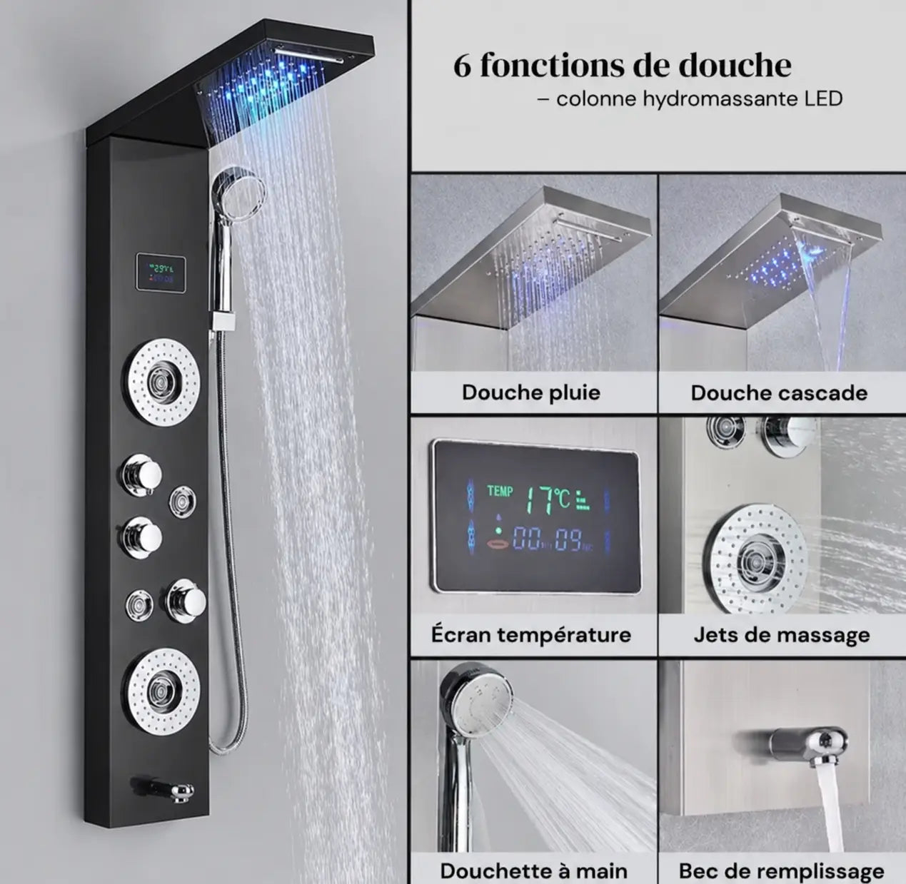 Matt black massage shower panel with digital display - hand shower and hose