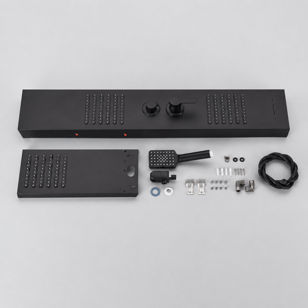 Matt black massage shower panel with hydro LED - finish and surface detail