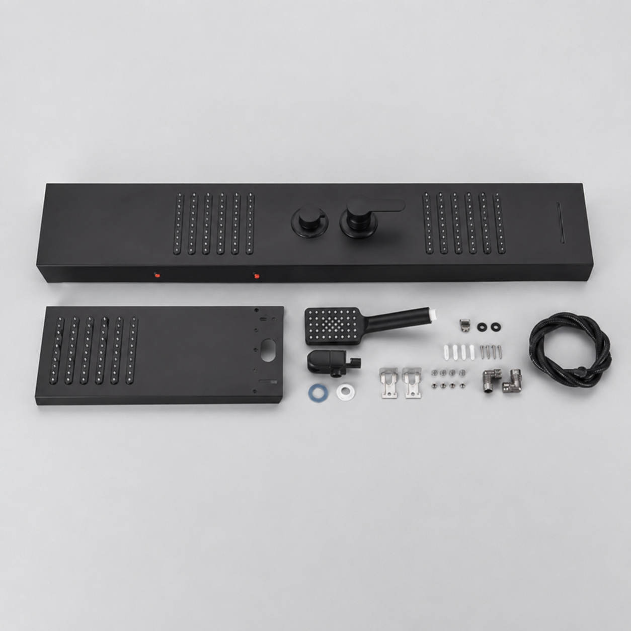 Matt black massage shower panel with hydro LED - finish and surface detail