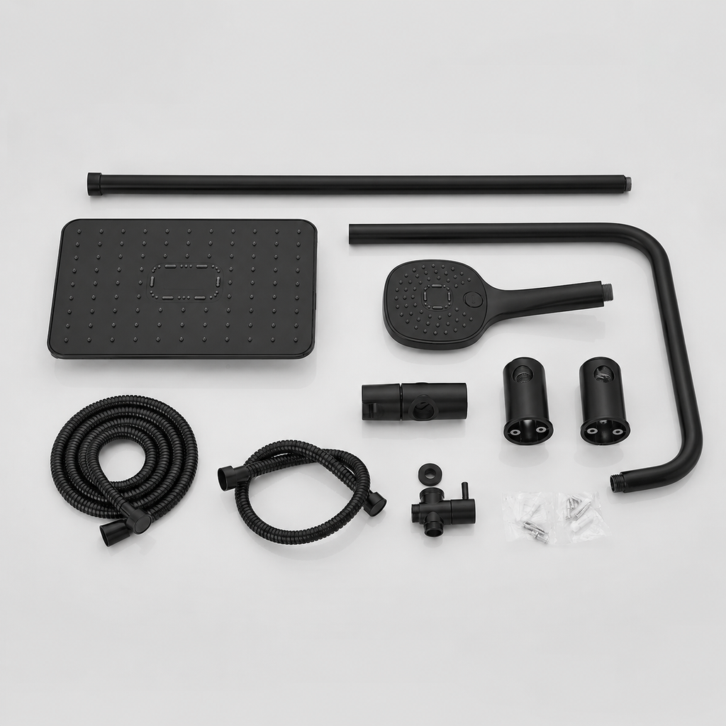 Matt black shower riser set with rain head - hand shower and hose