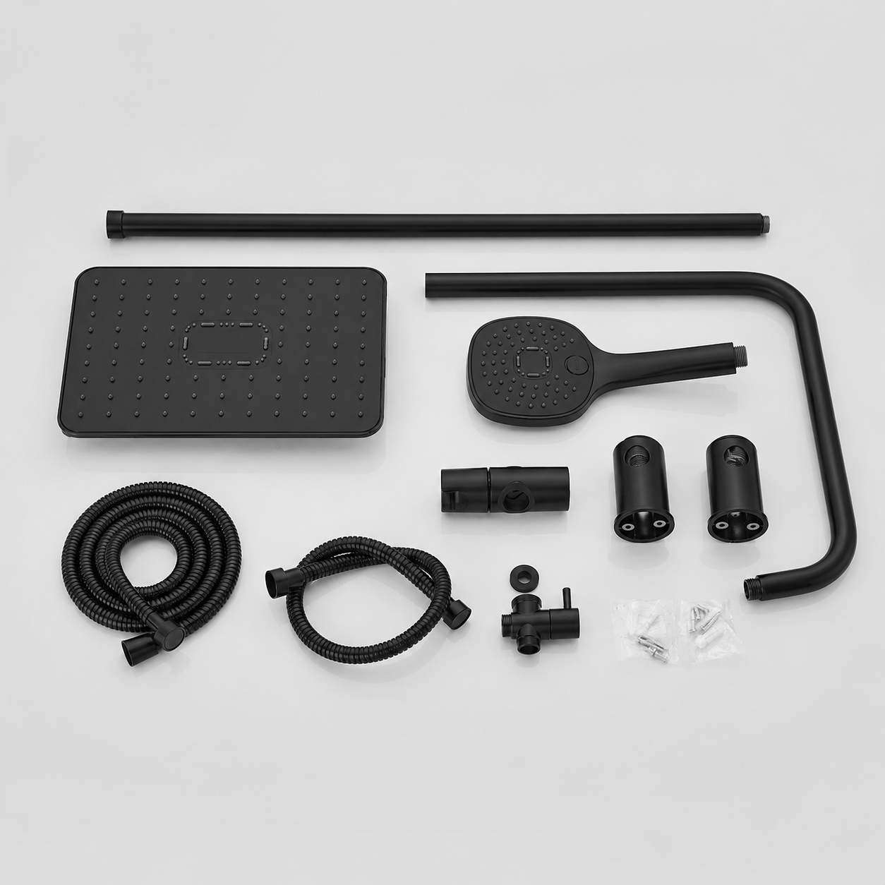 Matt black shower riser set with rain head - hand shower and hose