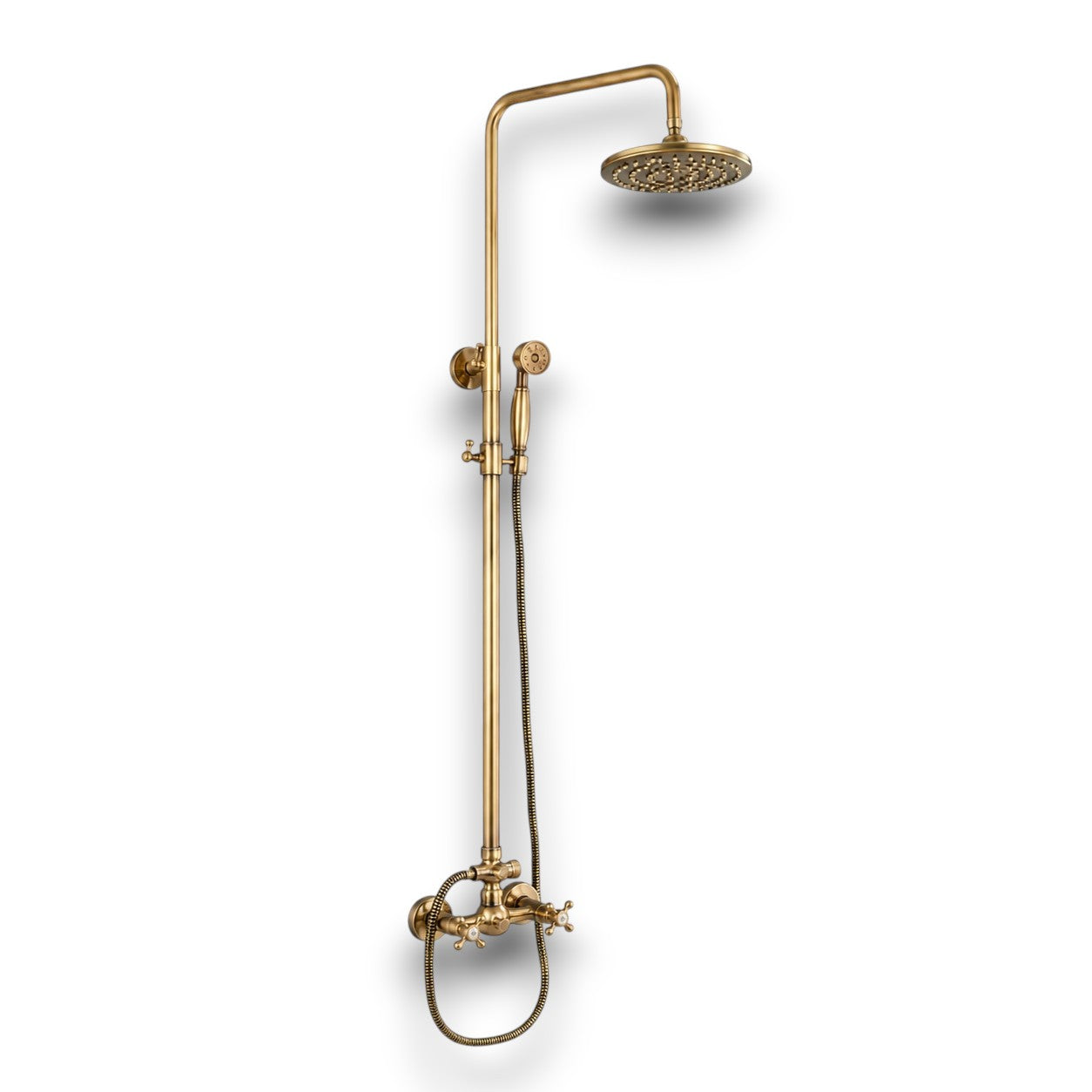 Antique brass shower column with fixed head and shelf