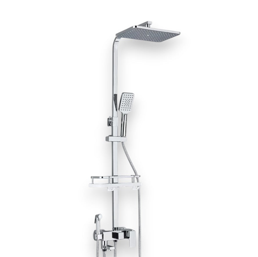 Polished chrome shower column with rain head and bath mixer