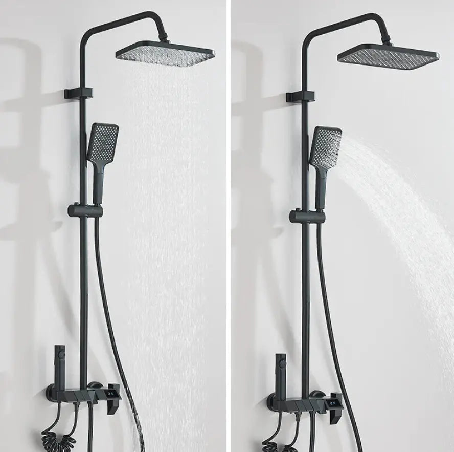 Matt black manual mixer shower column with digital display - mixer and controls close-up