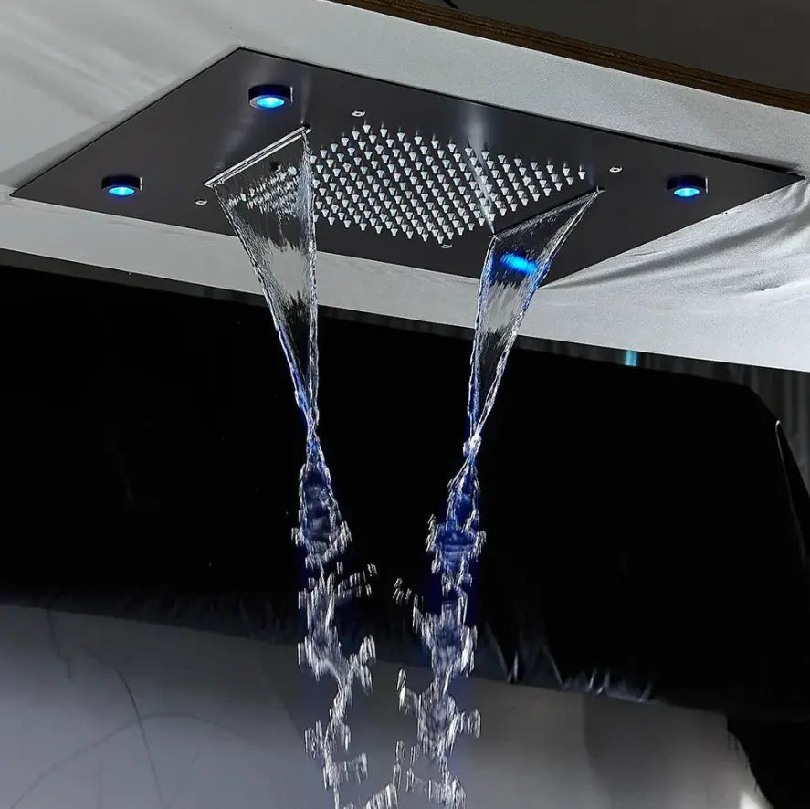 Matt black concealed ceiling shower system with LED - mixer and controls close-up