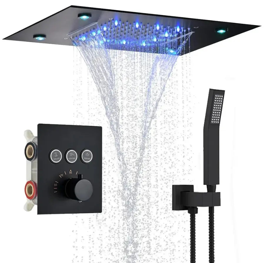 Matt black concealed ceiling shower system with LED