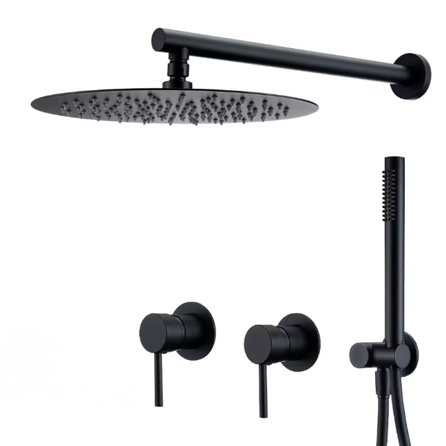 Matt black concealed shower set with rainfall head - dimensions and measurements