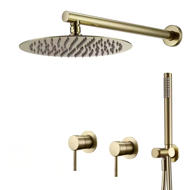 Brushed gold concealed shower set with rainfall head - full-length product view