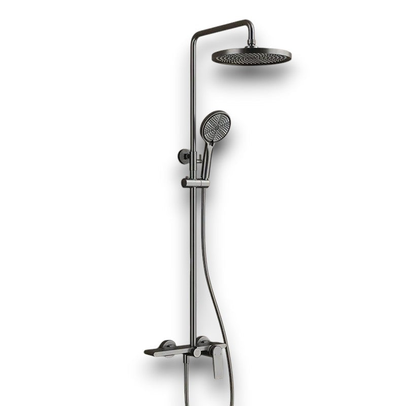 Brushed grey thermostatic shower column with shelf - spray pattern in use