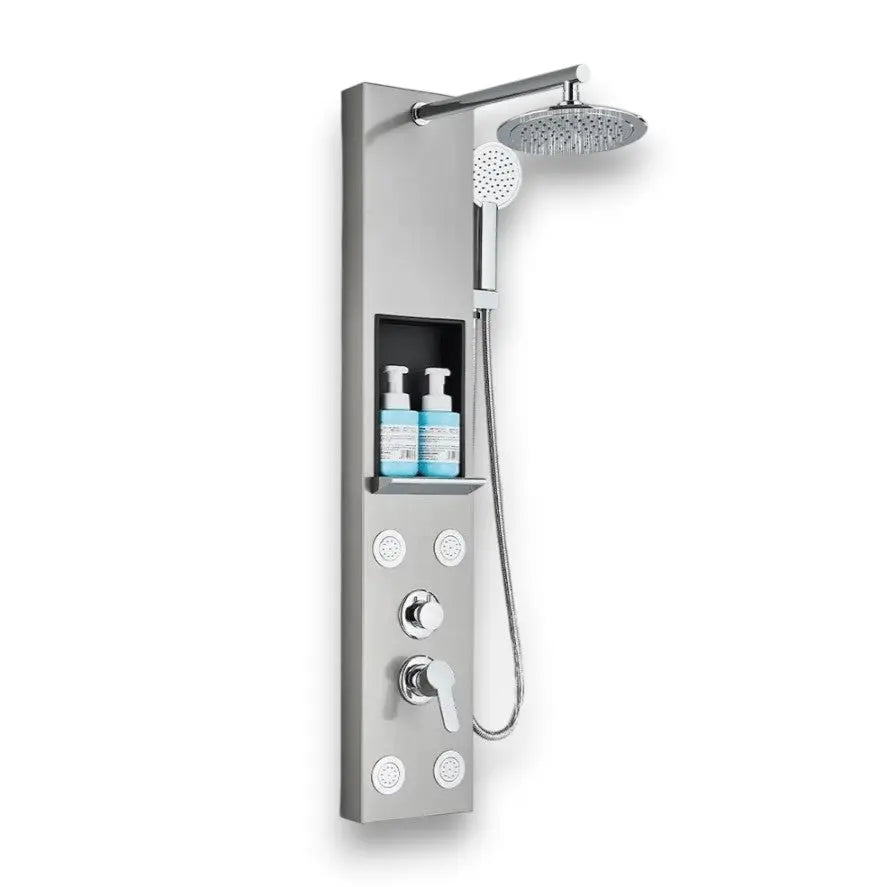 Brushed grey massage shower panel with body jets