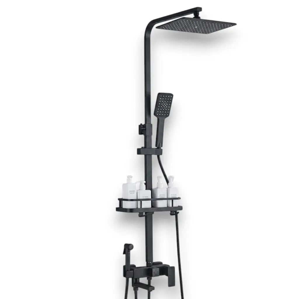 Matt black shower column with rain head and bath mixer